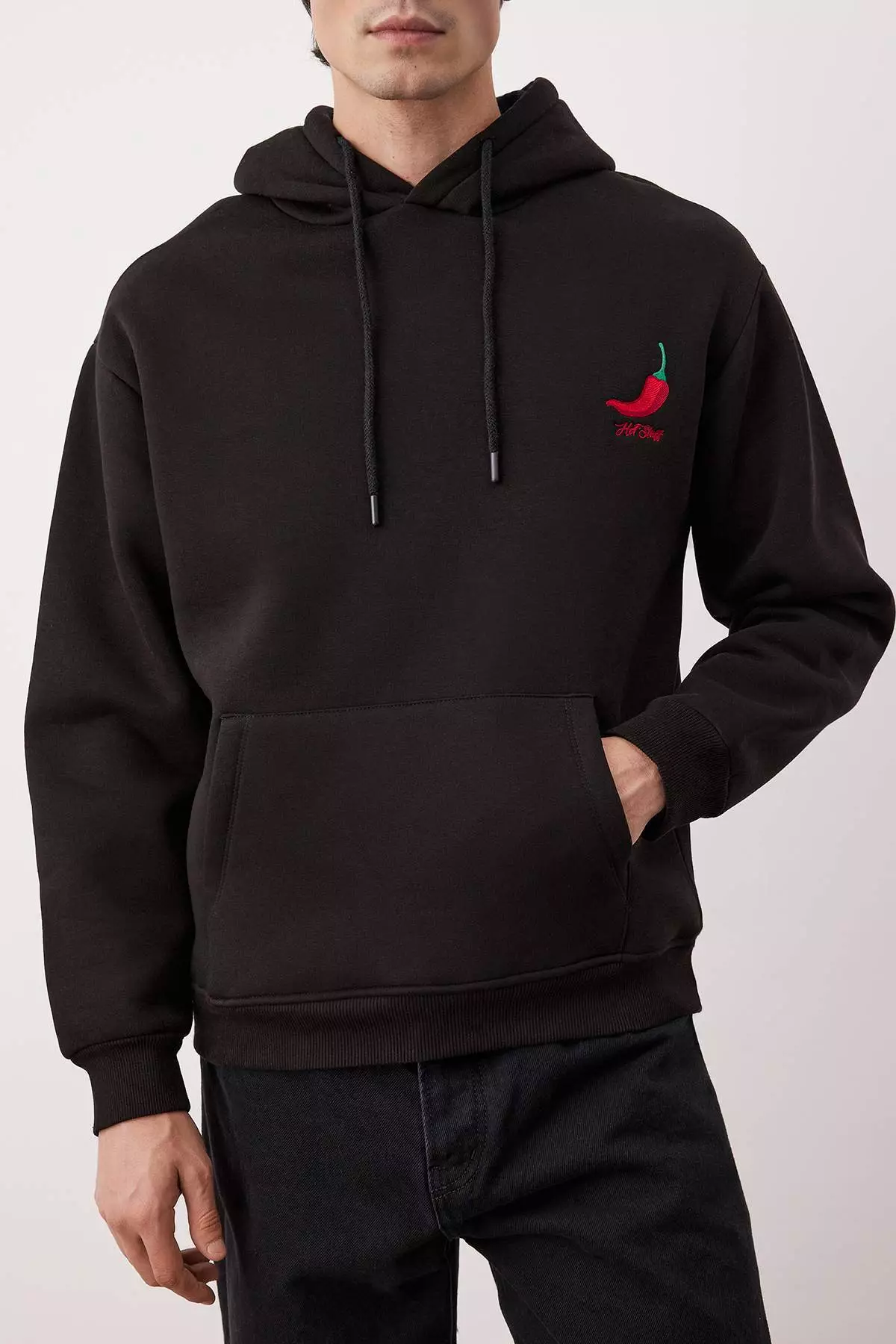 Black Pepper Embroidered Oversize/Wide Cut Fleece Inside Hooded Sweatshirt