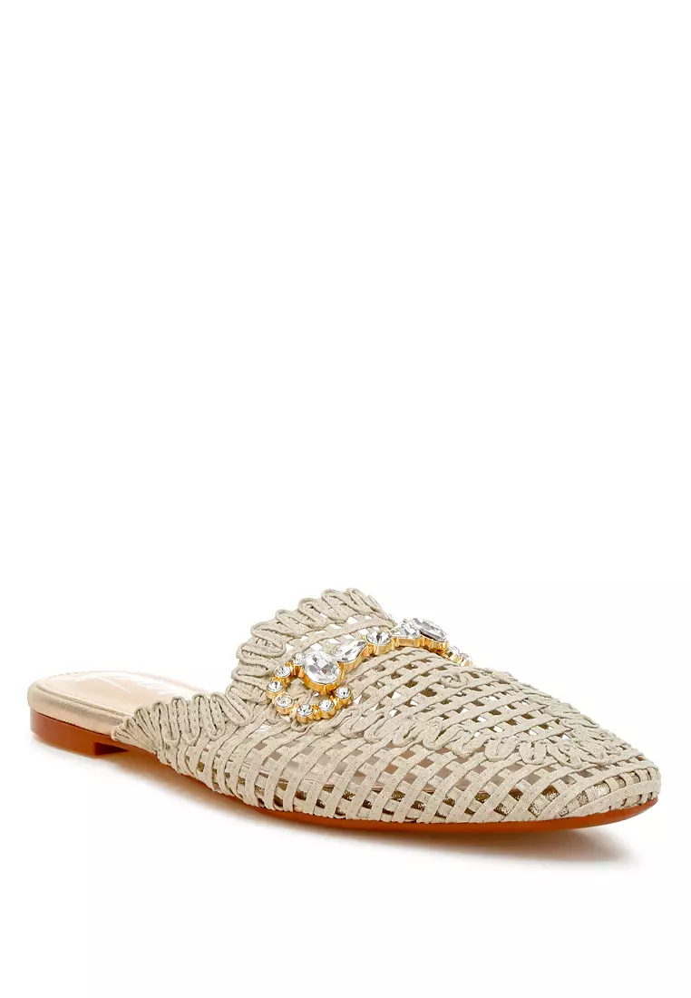 Metallic Woven Diamante Mules in Beige