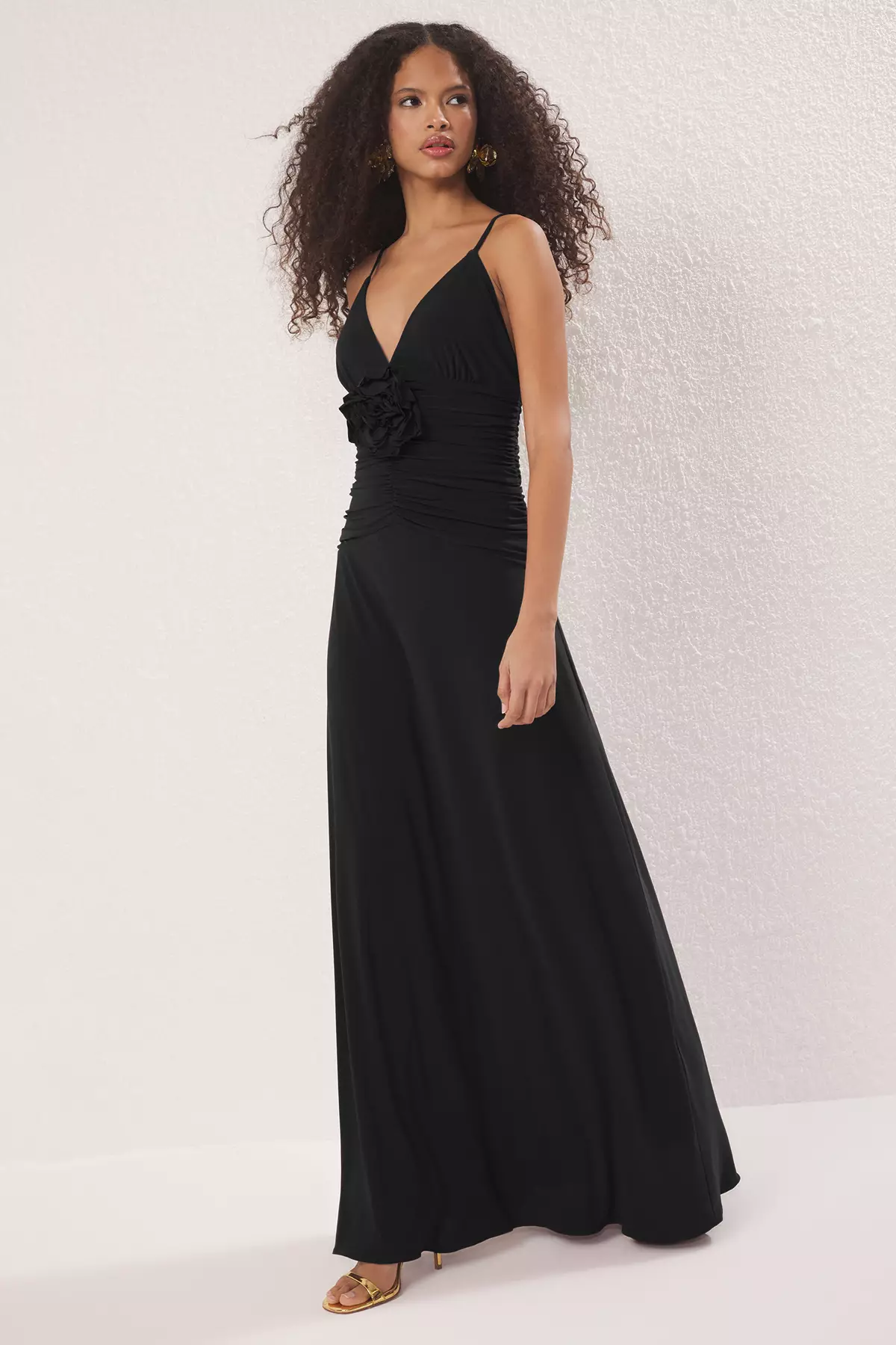 Black Rose Detailed Knitted Maxi Elegant Evening Night Graduation Dress