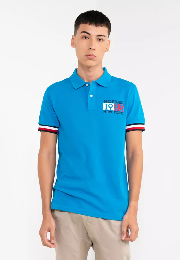 Tommy Hilfiger 1985 flag logo slim fit polo shirt in blue