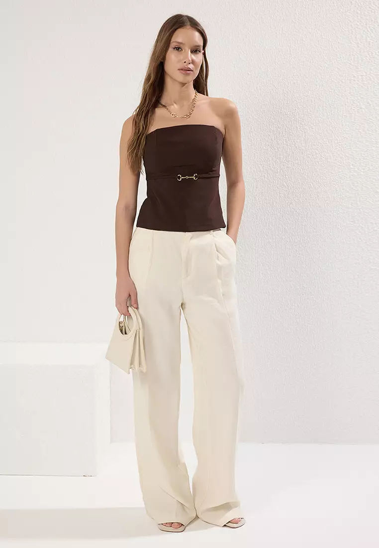 Brown Strapless Fitted Thin Ornamental Belt Detail Woven Blouse TWOSS25BZ00421