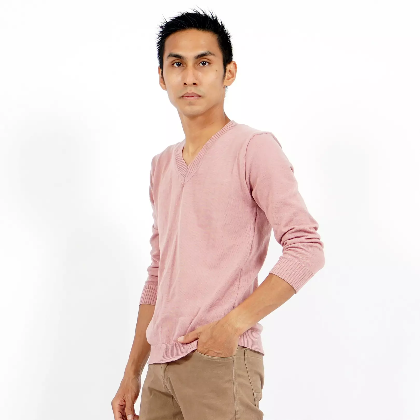  Vleur Outer Pria Gaya Kore Sweater Rajut Pria Leher V - PINK