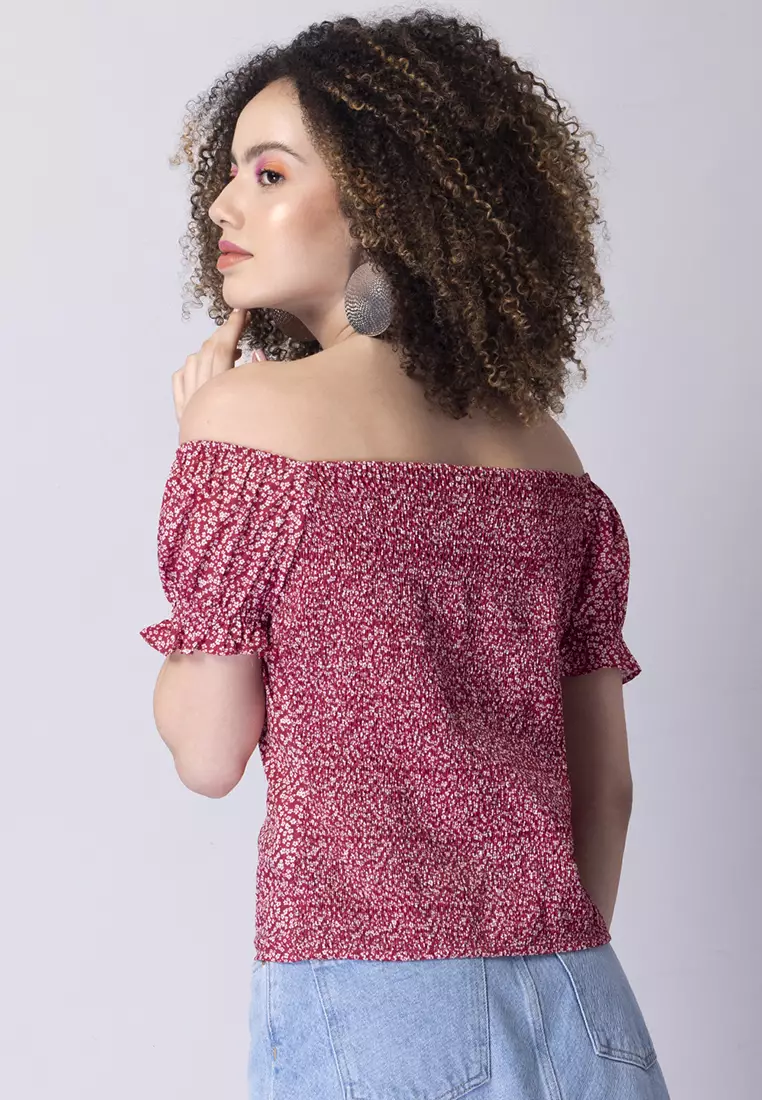 Red Floral Smocked Off Shoulder Top