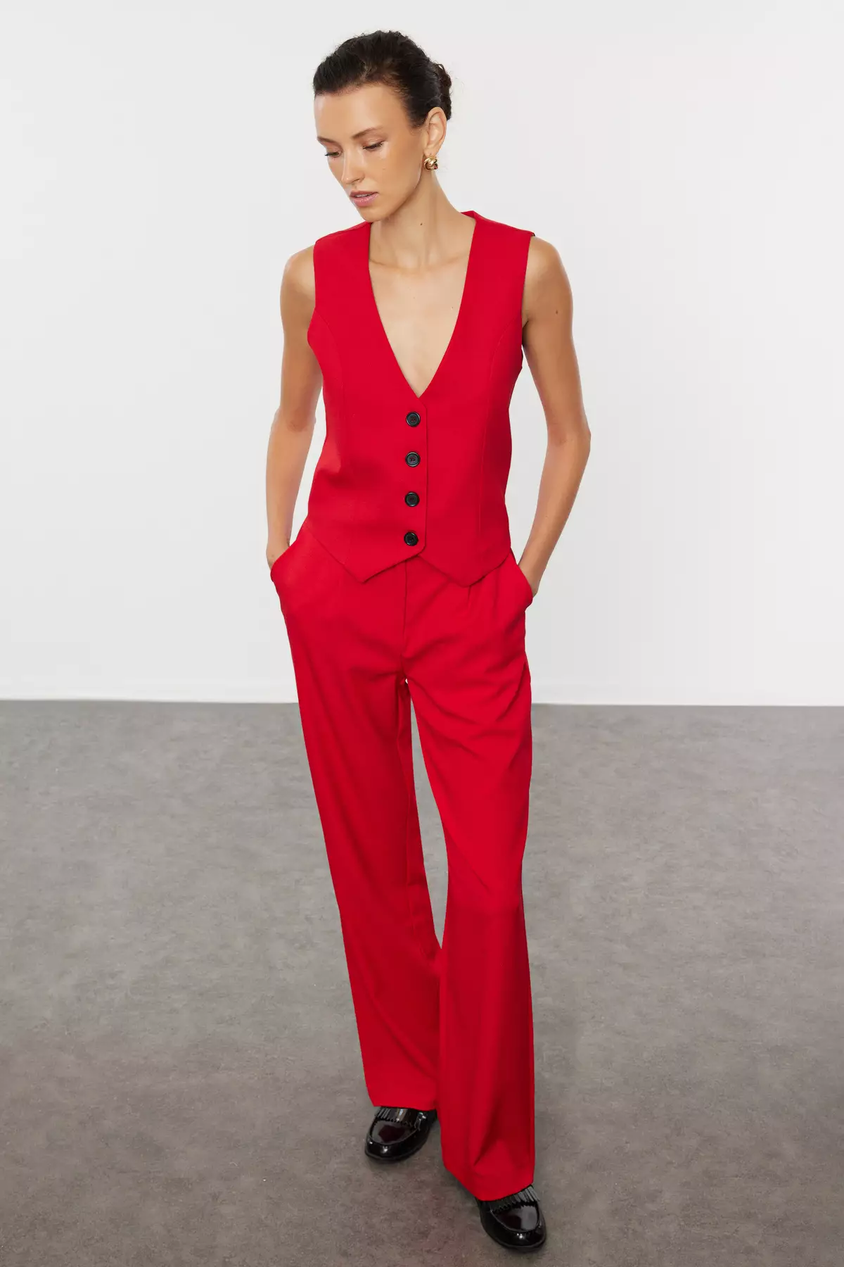 Red Regular Woven Vest Wide Leg/Wide Leg Trouser Set Twoaw25Au00091