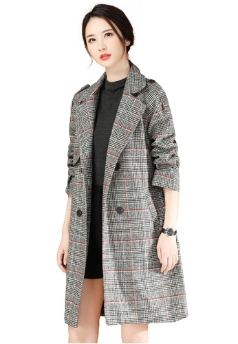 A-IN GIRLS black and white Temperament Lapel Check Long Coat 48512AAF19B846GS_1