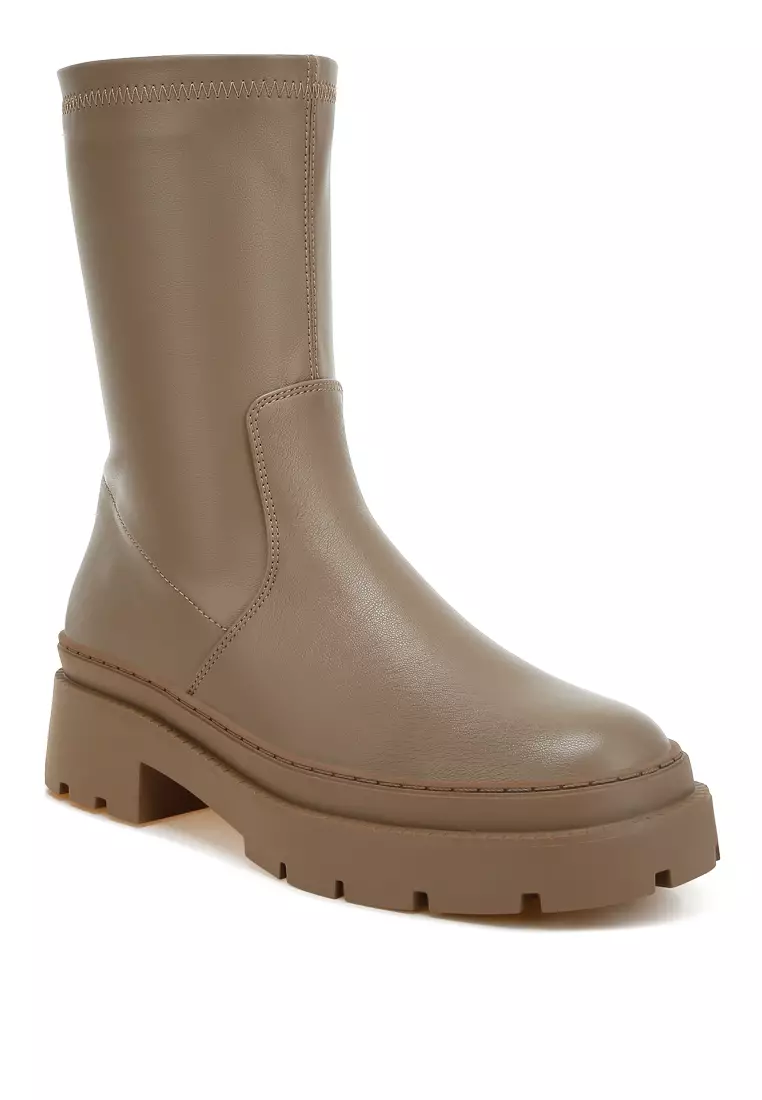 Chunky Faux Leather Calf Boots in Taupe