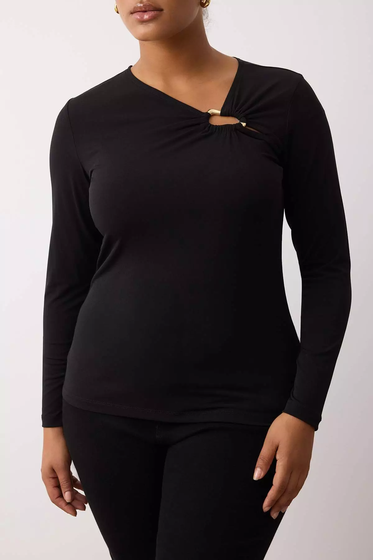 Black Asymmetric Collar Accessory Detail Knitted Plus Size Blouse Tbbaw26Af00010