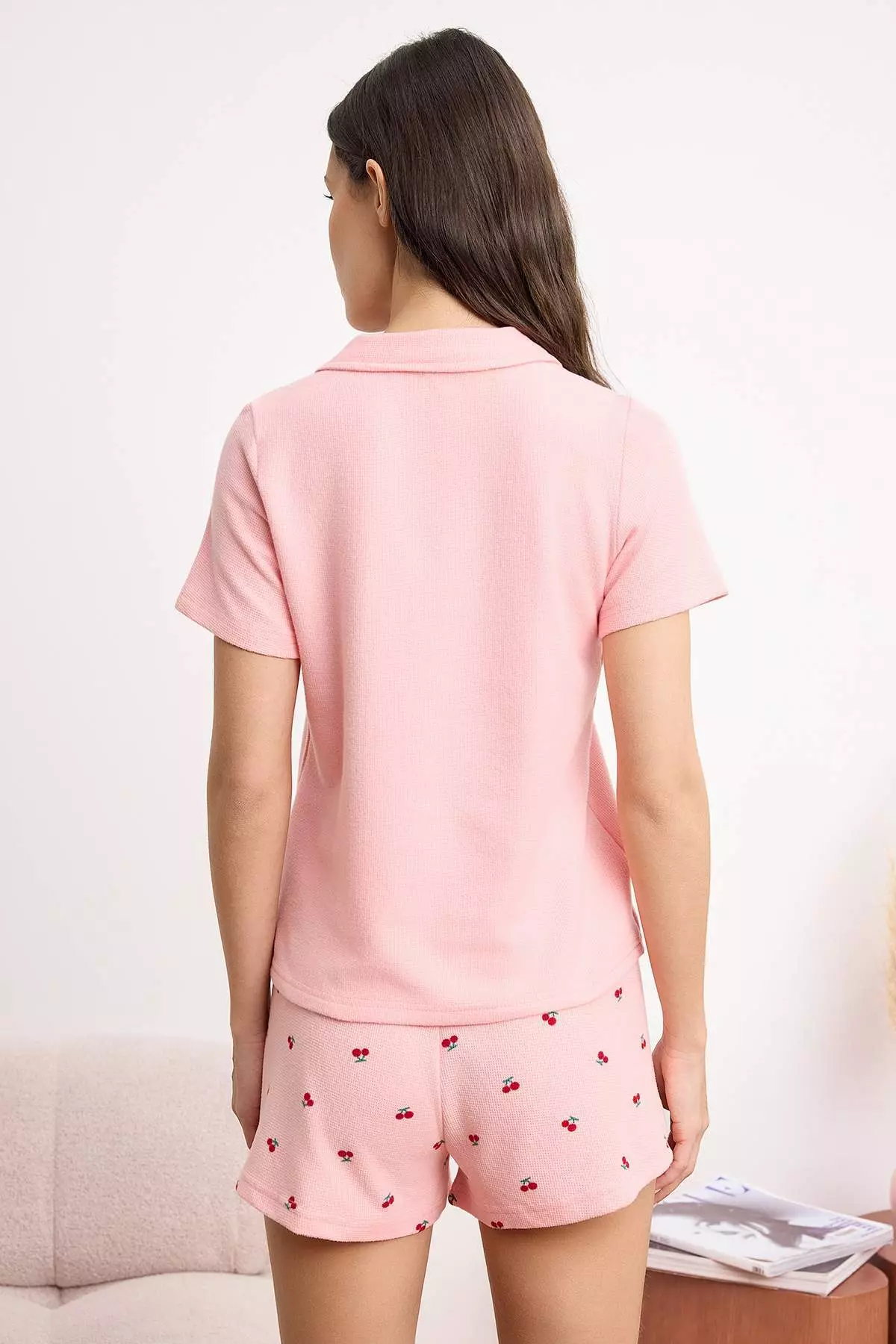 Pink Cherry Embroidered Soft Tuşe Waffle Knitted Pajama Set Thmss26Pt7
