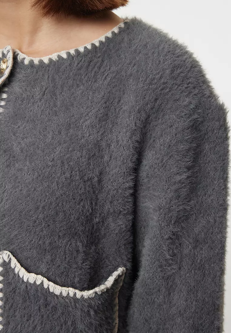 Anthracite Fluffy Soft Texture Jacket-Look Knitted Cardigan TWOAW25HI00009