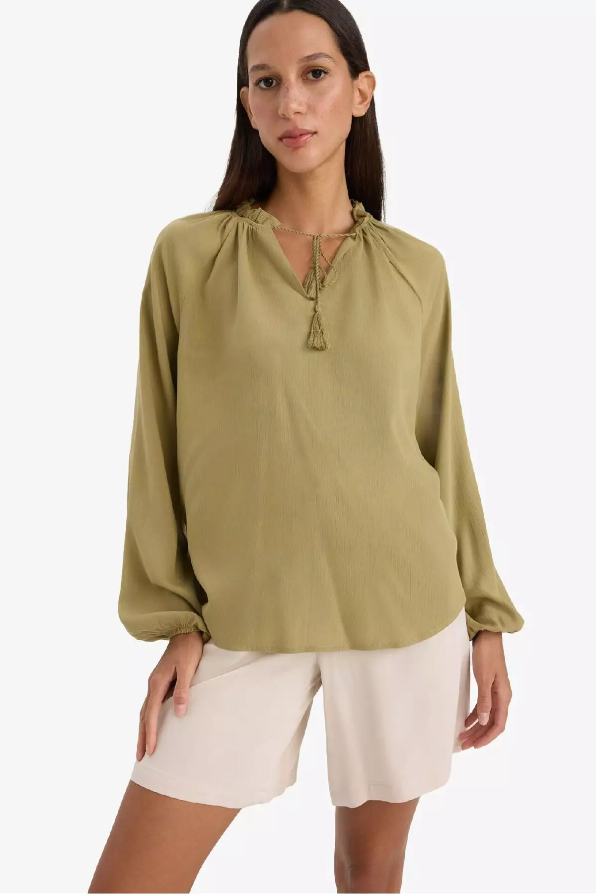 Regular Fit Lace-Up Collar Crinkle Fabric Long Sleeve Blouse E9429Ax25Sm