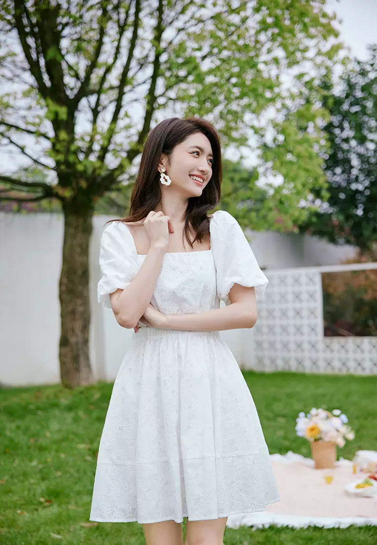 Puff Sleeve Summer Dress with Waist Slit Design