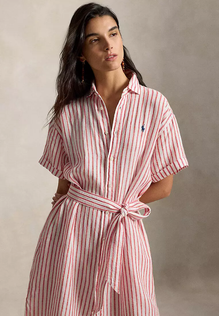 polo ralph lauren striped linen shirt dress Polo Ralph Lauren Belted Striped Linen Shirtdress In Lake Blue White Stripe