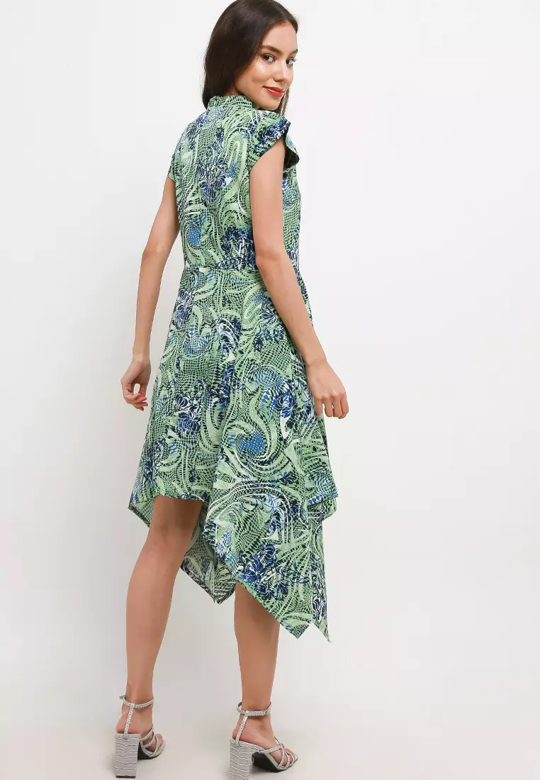 Ardalia Assymetrical Dress In Green Blue Print