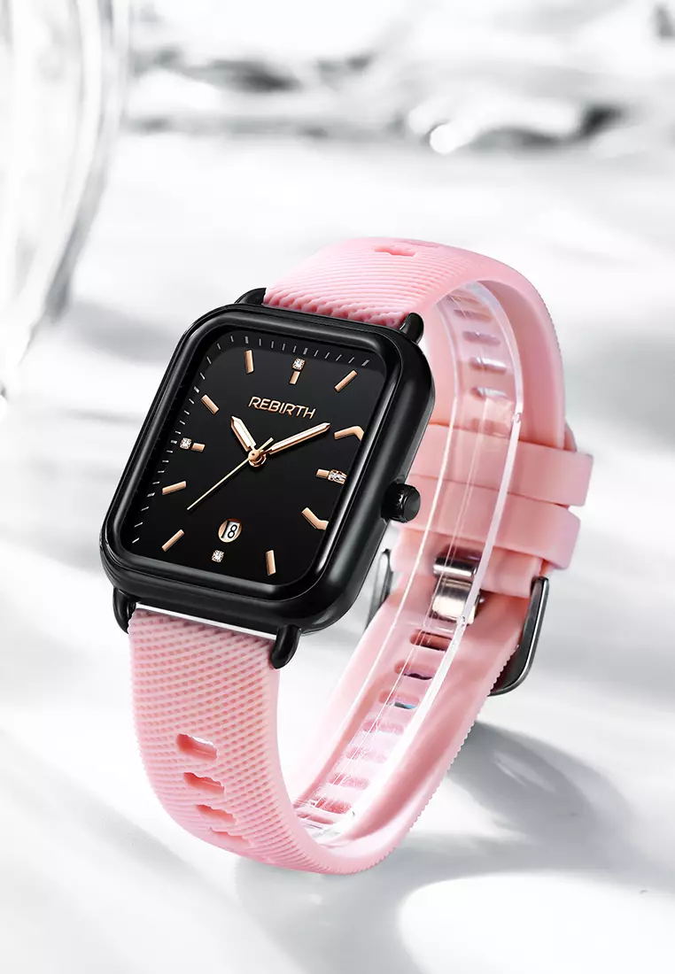 Jam Tangan Wanita Original Square Anggun Tali Silikon Anti Air Merah Jambu