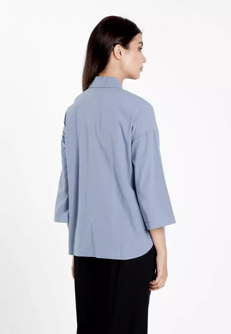 Forest Ladies Cotton Linen 3/4 Sleeve Collar Blouse Women Shirt | Baju Kemeja Perempuan Lengan Panjang - 822474-38DustyBlue
