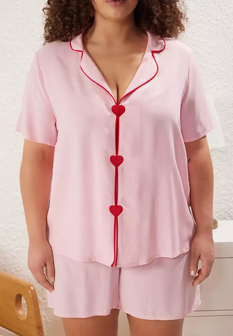 Pink Heart Embroidery and Piping Detail Viscose Woven Pajama Set TBBSS25AI00015