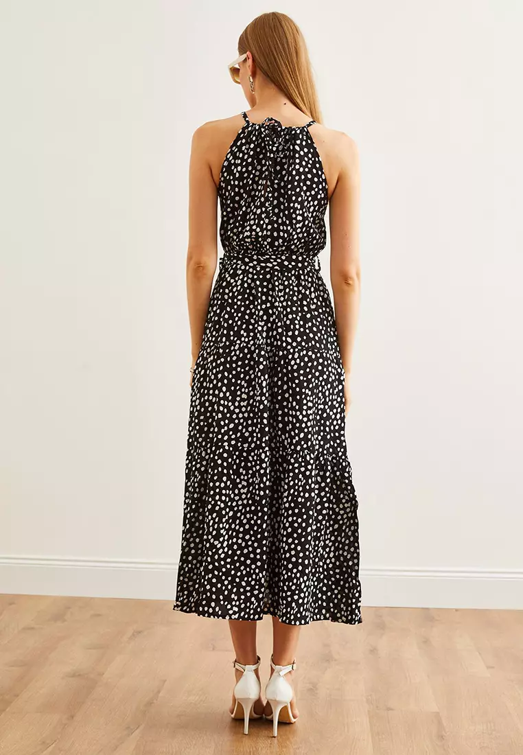 Halter Neck Belted Woven Viscose Dress