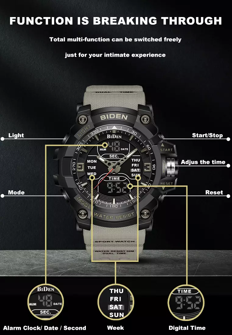 BIDEN Jam Tangan Pria Militer Tali Silikon Analog&Digital Display Jam Tangan Cowok KhakiBlack