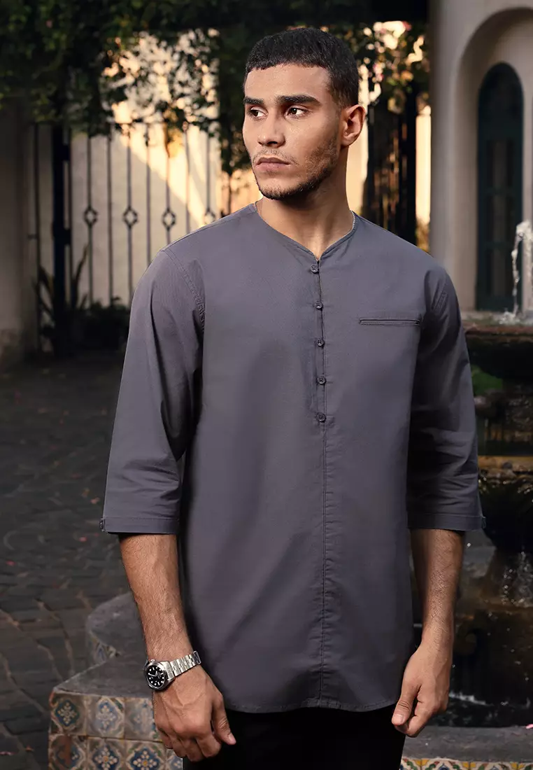 OXCON kemeja Vneck Henley Collarless shirt Dark Grey