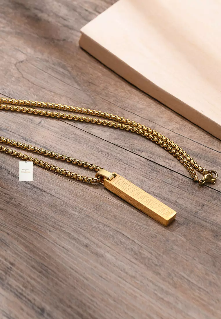 Titanium Steel Rectangular Bar Roman Numerals Pendant Necklace JW QX-1490