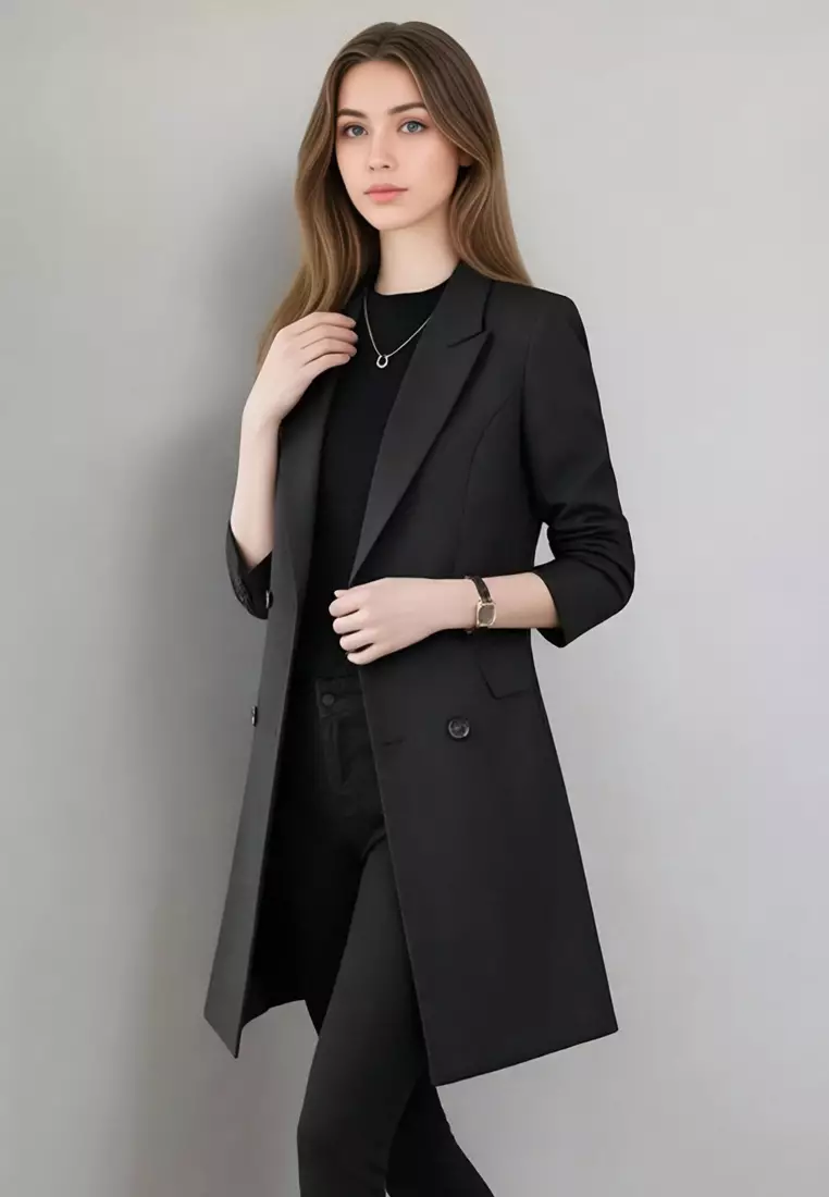 反領中長款修腰風褸西裝外套