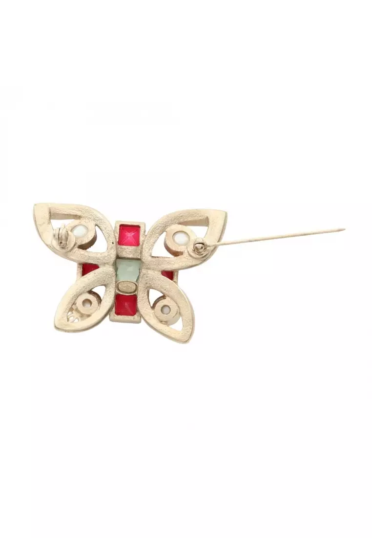 Pre-Loved Chanel coco mark butterfly brooch GP Rhinestone Fake pearl gold off white Pink red A16C