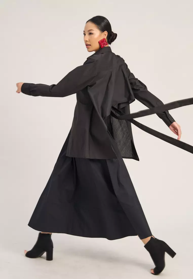 黑色亞麻蓬鬆半身裙