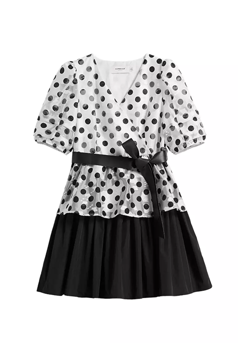 Two Tone Polka Dot Front Wrap Dress with Waist Tie