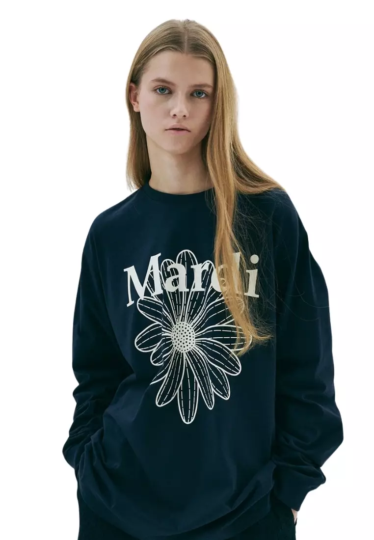 Unisex Tshirt Long Sleeve Flowermardi - Navy Ivory