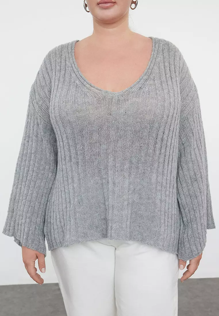 Gray V-Neck Ribbed Knitwear Sweater Tbbaw25An00023