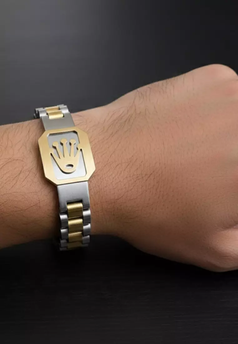 Aksesoris Gelang Pria Crown Rectangular Center Classic Design Stainless Steel Men's Bracelet Silver & Gold