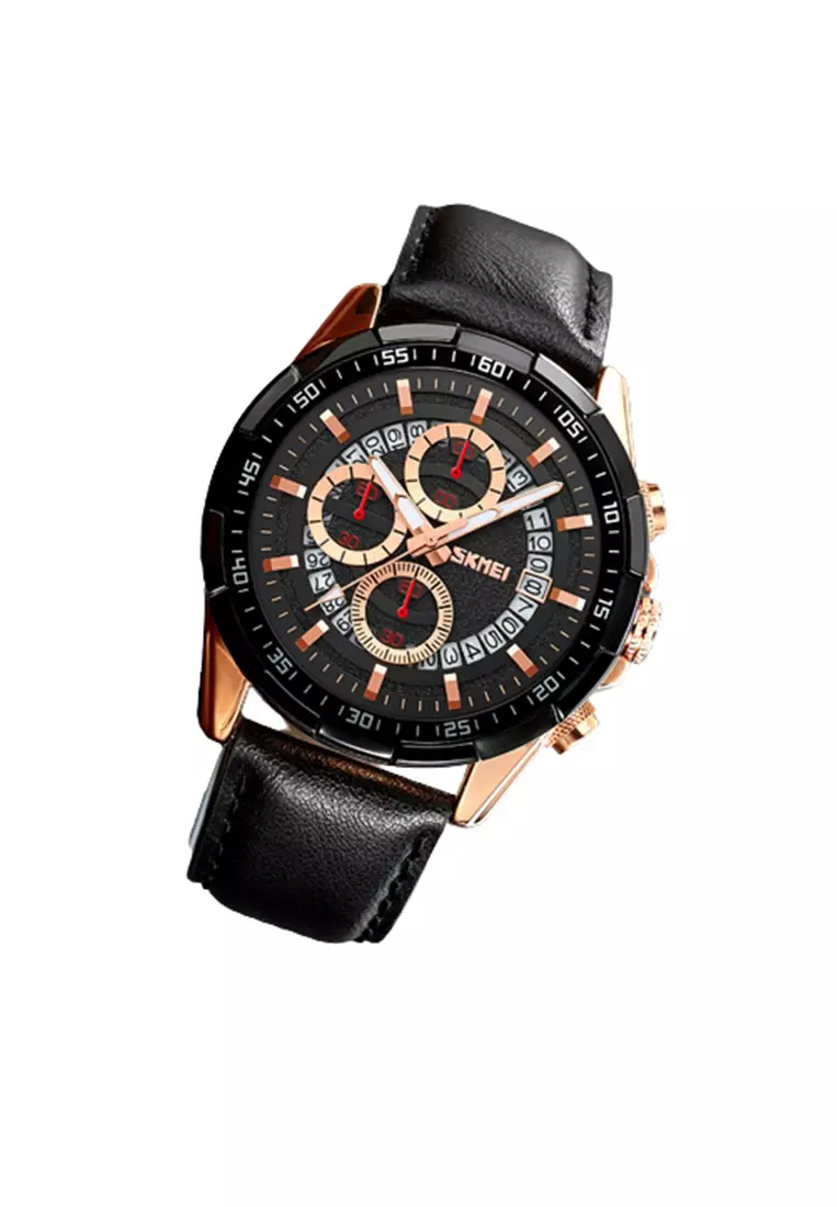 Jam Tangan Pria Sporty Quartz Movement Waterproof Stopwatch - 9312 - Rose Gold/Black