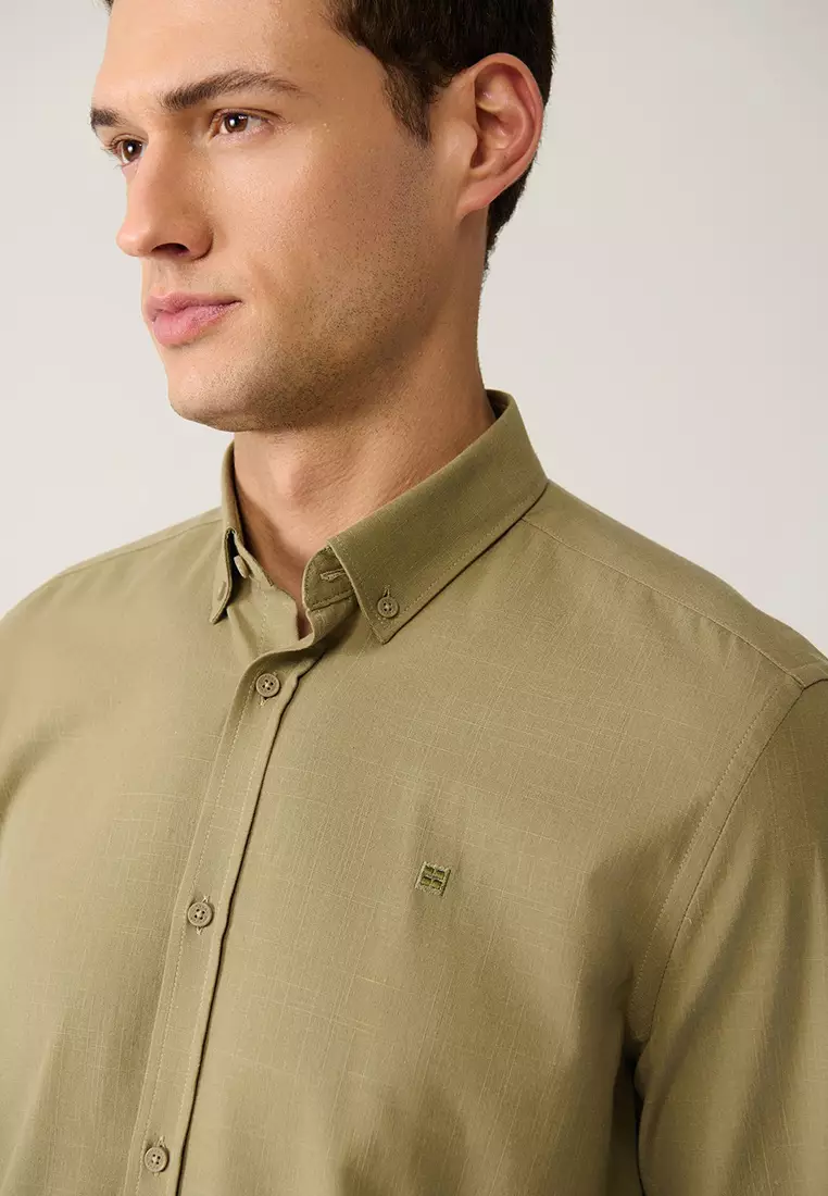 Men's Khaki Button-Down Collar 100% Cotton Linen Textured Shirt E002141