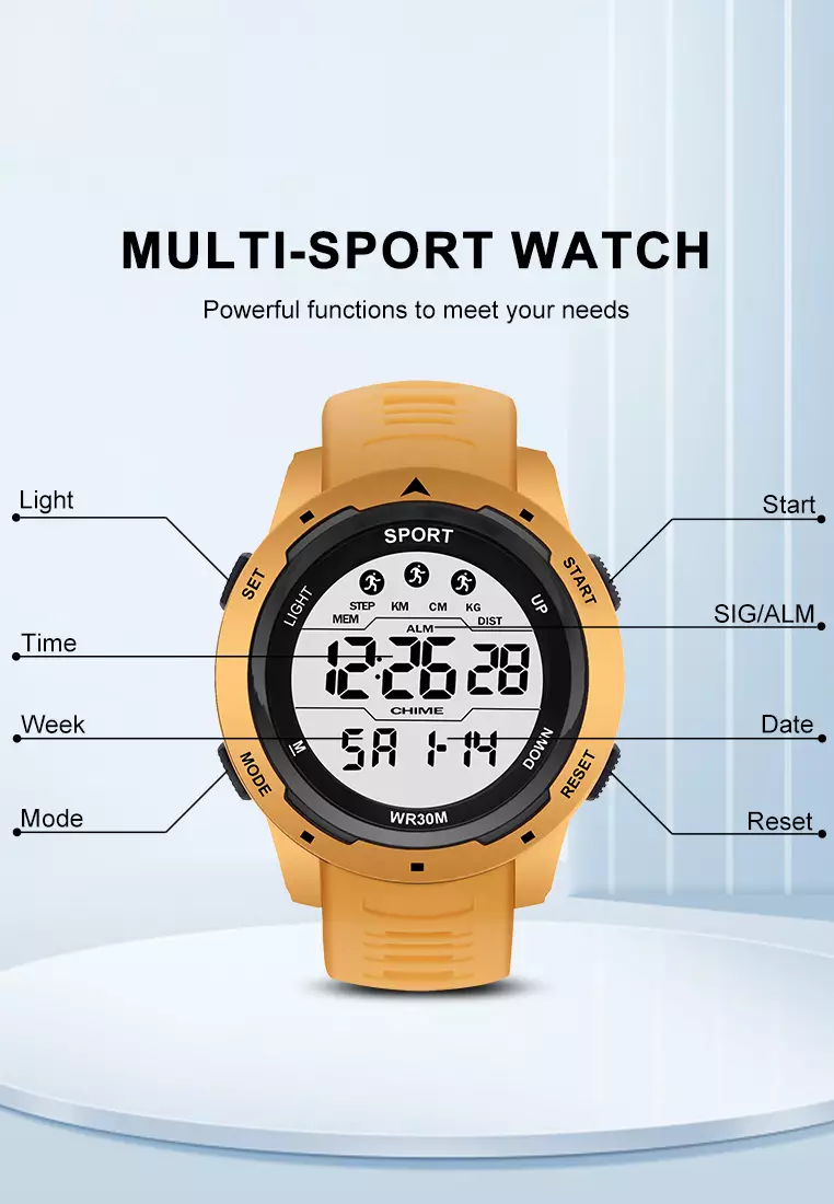 Jam Tangan Pria Digital Olahraga Mode Tali Silikon Alarm Jam Tangan Cowok yellow