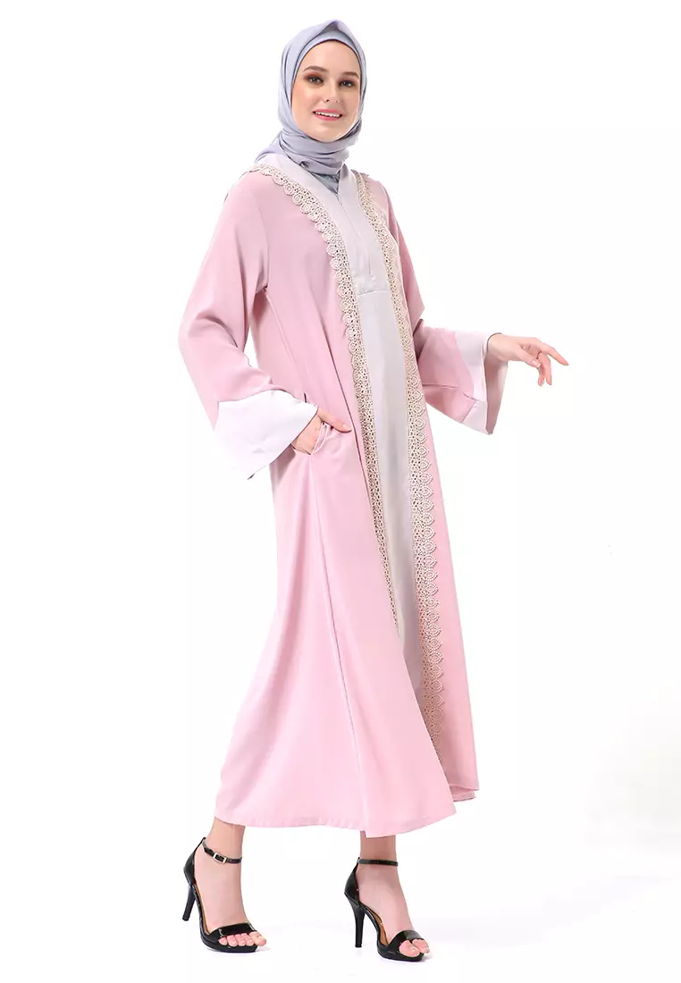 Catlana Long Hidden Pocket Abaya Turkey Variasi Renda Premium High Quality - Rose