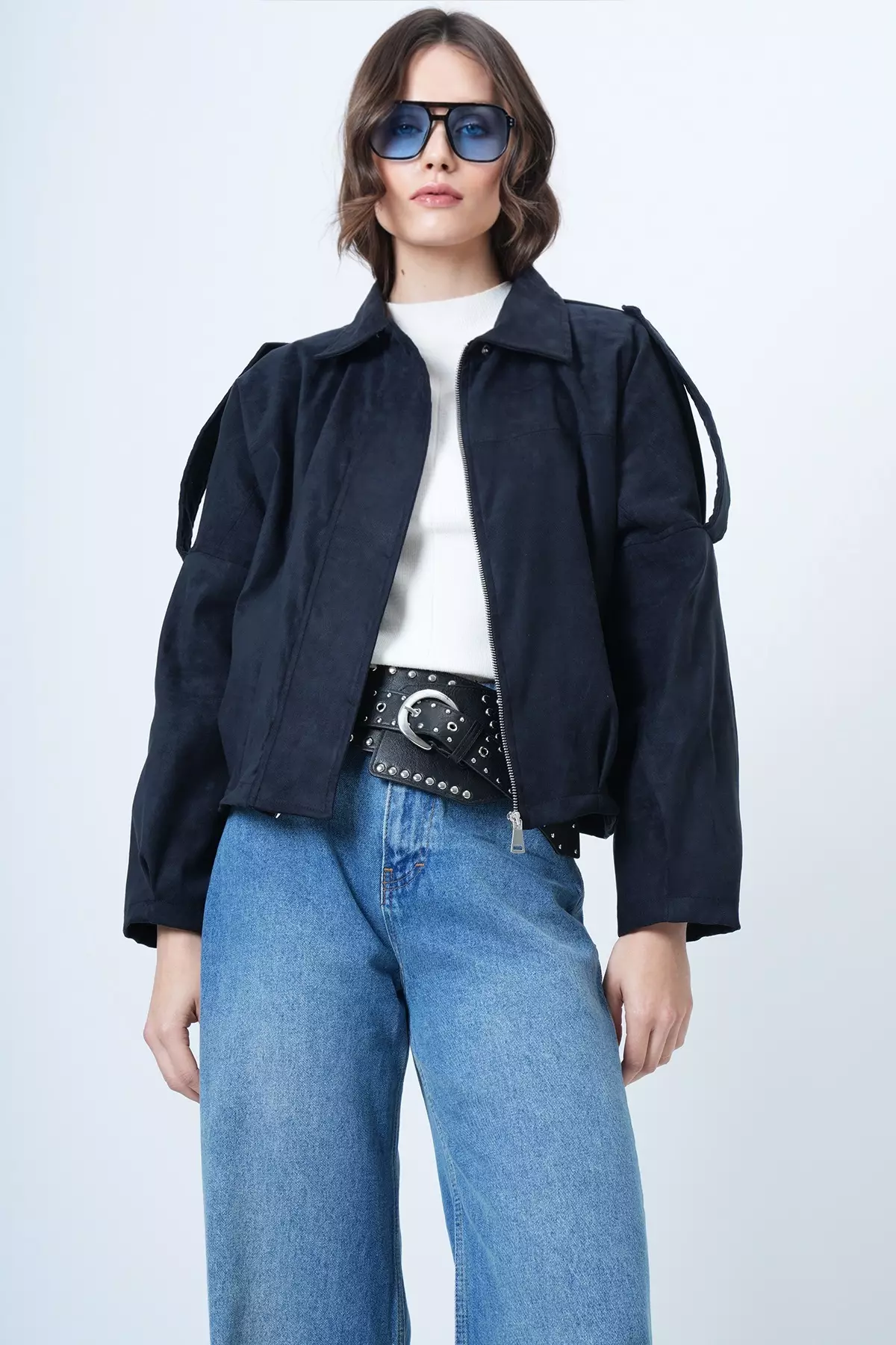 Navy Blue Shoulder Epaulettes Lined Faux Suede Bomber Jacket Alc-X14526