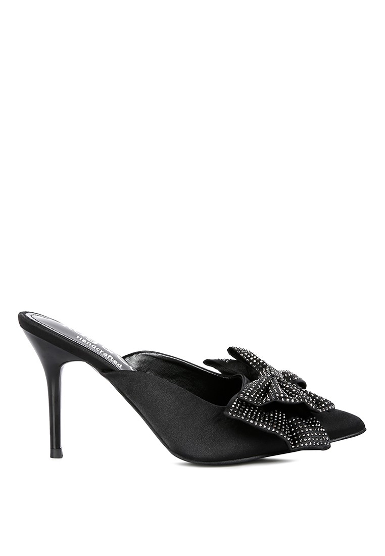 Black Diamante Bow Slip On Sandals