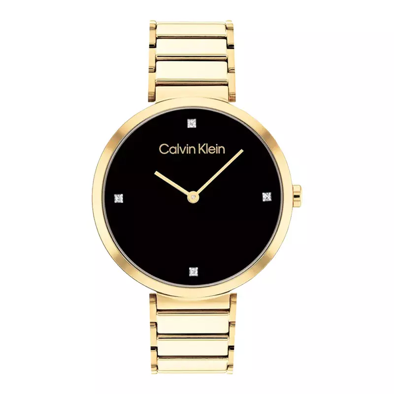 Jam Tangan Wanita Calvin Klein Minimalistic 25200136 Black Dial Gold Steel Strap