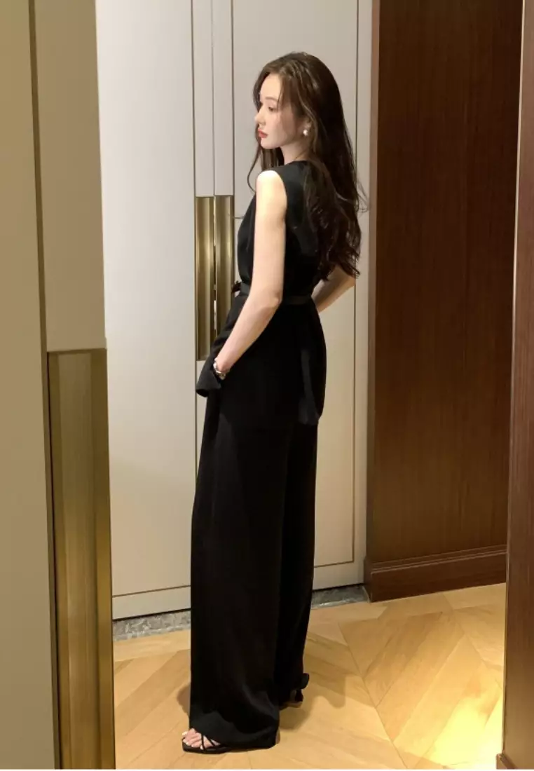 Retro tie-front top and high-waisted casual pants set  CA26033041BK