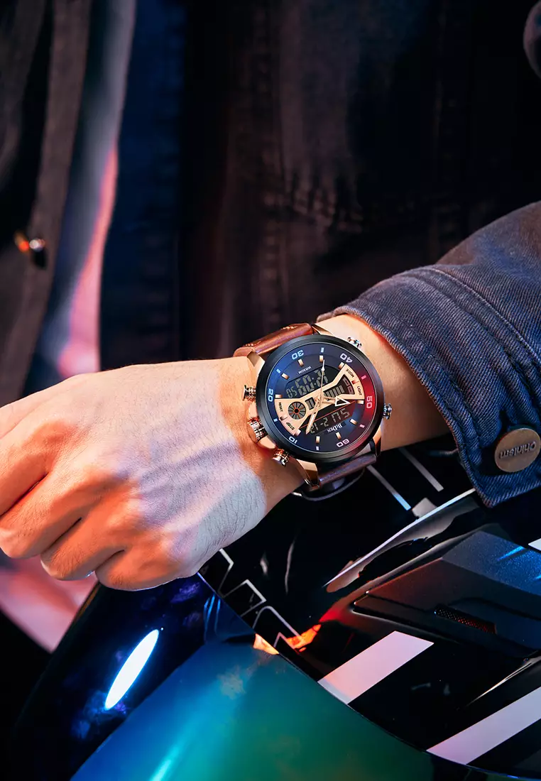 Jam Tangan Pria Olahraga Dual Movement Tampilan Tanggal Chronograph Anti Air Kuarsa Tali Kulit