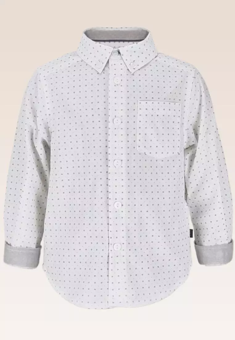 Ethan Boys White Printed Poplin Long Sleeved Button-down Shirt