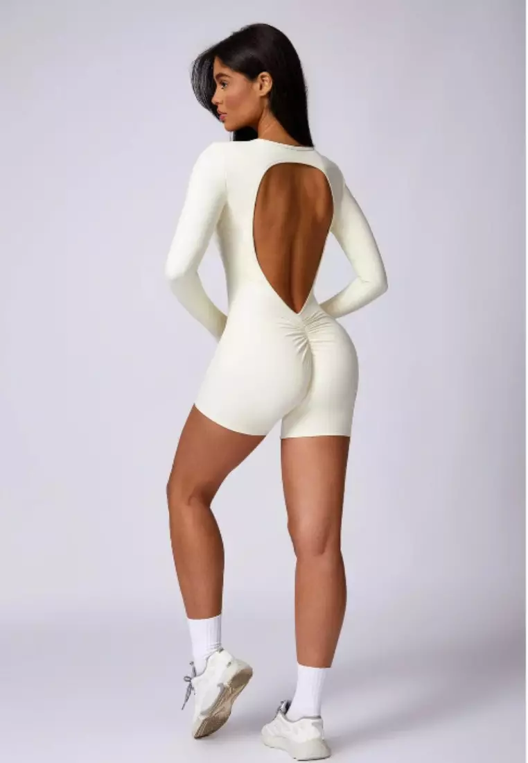 Bareback Romper – Open Back Long Sleeve Seamless Comfort Women Sculpting Fit Ultra-Stretch