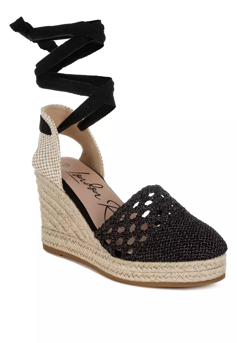 Black Woven Lace-Up Espadrille Wedges