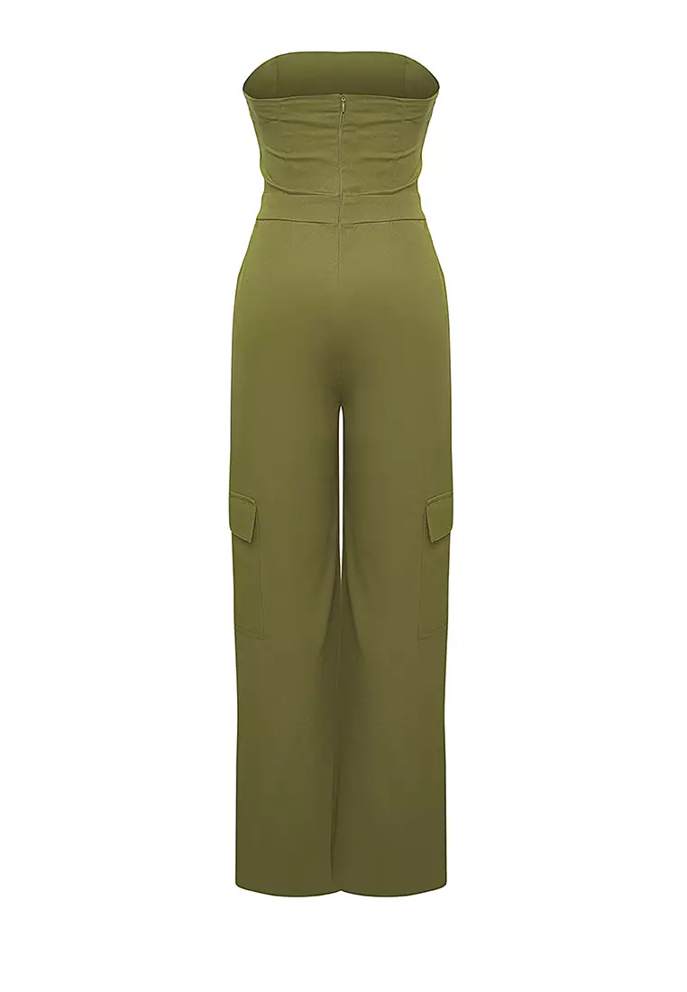 Khaki Cargo Pocket Strapless Neck Maxi Woven Jumpsuit Twoss23Tu00192