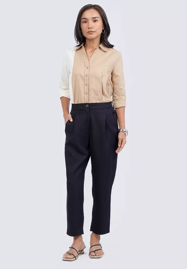 Ankle Length Pants with Front Pleats BLACK