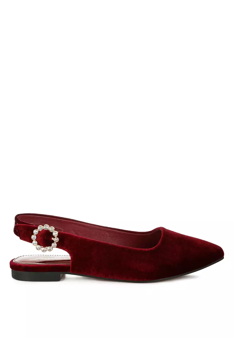 Discount on London Rag  shoes - SKU: Velvet Slingback Flat Sandals in Dark Red