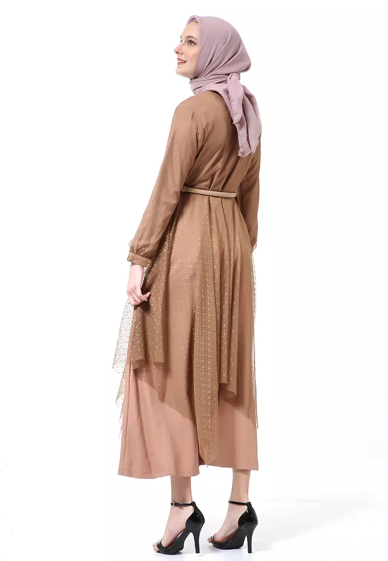 Zahwa Long Dress Gamis Muslimah Long Sleeve Free Belt High Quality - Brown
