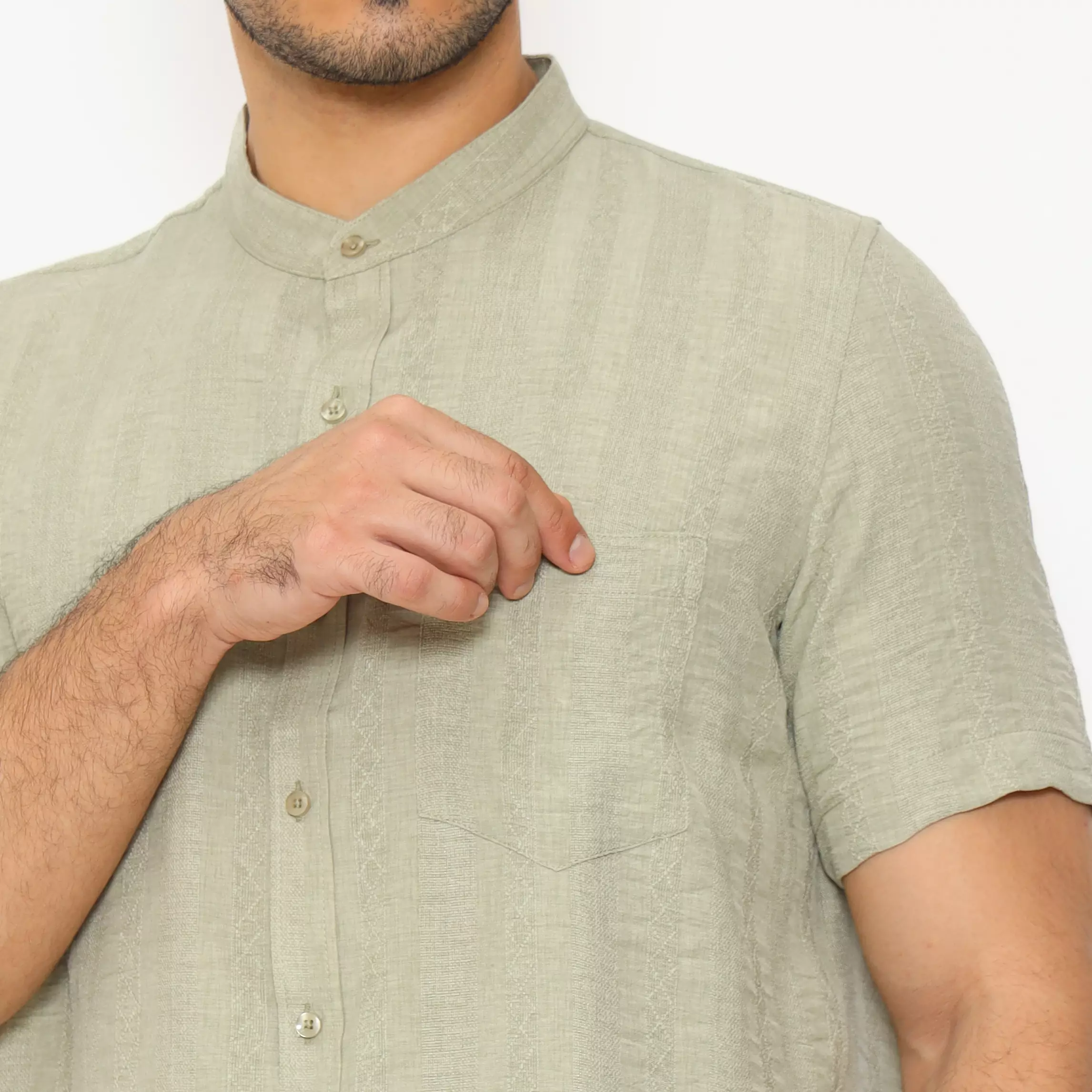 LAWELL DAFFA-S Baju Koko Pria Lengan Pendek Regular Fit Kerah Mandarin Polyester Premium Warna Sage Green