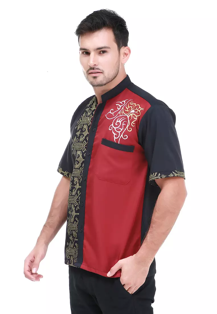 Dwan Kemeja Batik Pria Trident Motives Atasan Formal Shortsleeve Shirt Material Cotton ORIGINAL - Black Red