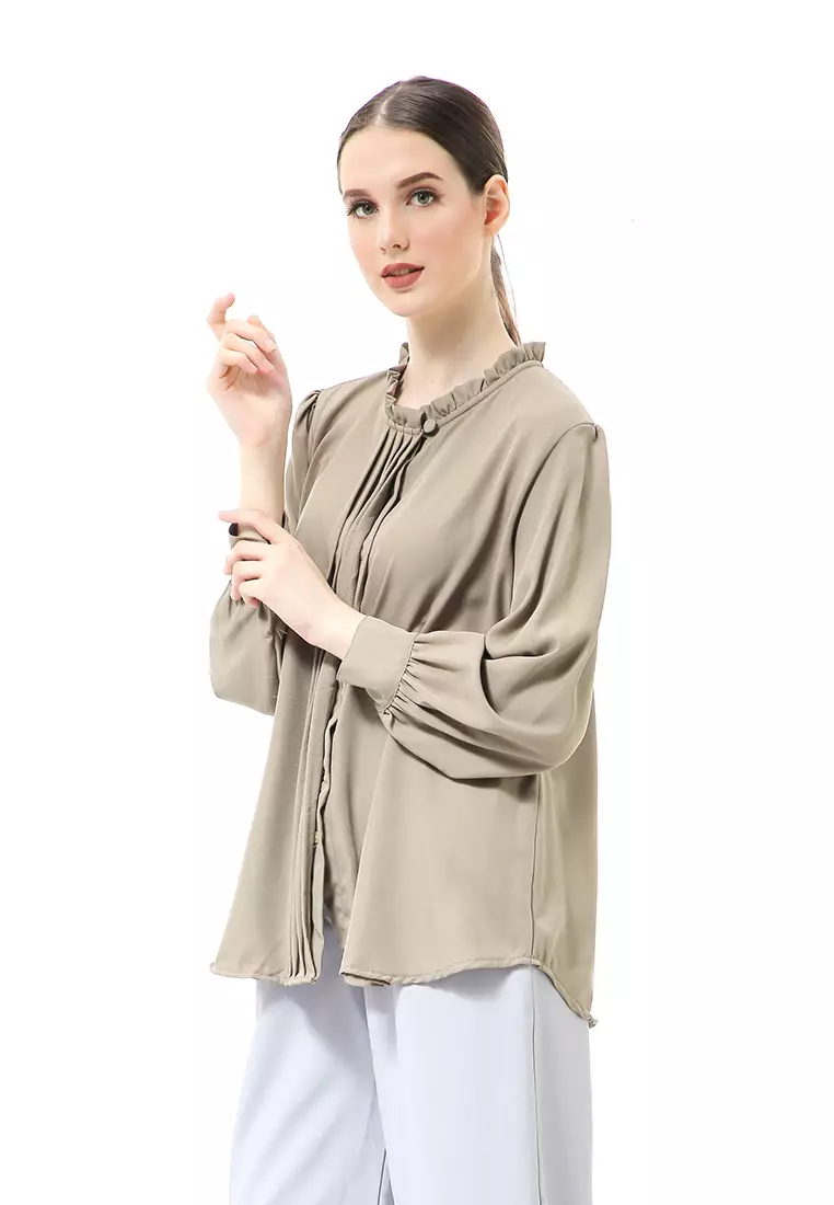 Vionka Kemeja Atasan Wanita Opnaisel Motif Polos - Army